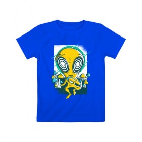 Детская футболка хлопок с принтом Пришелец в Екатеринбурге, 100% хлопок | круглый вырез горловины, полуприлегающий силуэт, длина до линии бедер | Тематика изображения на принте: грибы | инопланетяне | нло | пришелец | пришельцы | психоделика