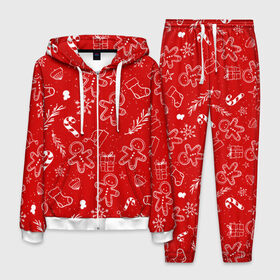Мужской костюм 3D с принтом Новогоднее настроение RED в Екатеринбурге, 100% полиэстер | Манжеты и пояс оформлены тканевой резинкой, двухслойный капюшон со шнурком для регулировки, карманы спереди | Тематика изображения на принте: настроение | новый год | печенье | подарки