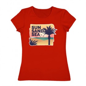 Женская футболка хлопок с принтом Солнце, песок, море в Екатеринбурге, 100% хлопок | прямой крой, круглый вырез горловины, длина до линии бедер, слегка спущенное плечо | лето | море | отдых | пальма | песок | пляж | путешествия | солнце