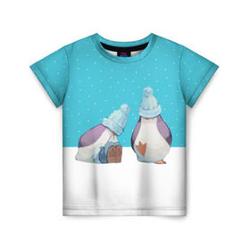 Детская футболка 3D с принтом Милые пингвинчики в Екатеринбурге, 100% гипоаллергенный полиэфир | прямой крой, круглый вырез горловины, длина до линии бедер, чуть спущенное плечо, ткань немного тянется | Тематика изображения на принте: christmas | new | pinguin | snow | snowflakes | winter | xmas | year | год | зима | новый | пингвин | рождество | снег | снежинки