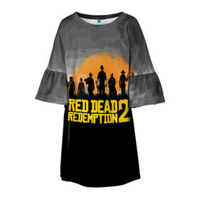 Детское платье 3D с принтом RED DEAD REDEMPTION 2 в Екатеринбурге, 100% полиэстер | прямой силуэт, чуть расширенный к низу. Круглая горловина, на рукавах — воланы | Тематика изображения на принте: dead | game | red dead redemption 2 | redemption 2 | rockstar games | бандиты | дикий запад | игры | ковбои | оружие