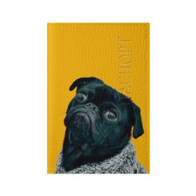 Обложка для паспорта матовая кожа с принтом Бульдожка в Екатеринбурге, натуральная матовая кожа | размер 19,3 х 13,7 см; прозрачные пластиковые крепления | Тематика изображения на принте: бульдог | паг | пес | собака | черный