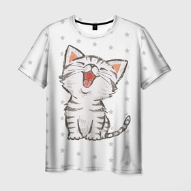 Мужская футболка 3D с принтом Милейший Котик в Екатеринбурге, 100% полиэфир | прямой крой, круглый вырез горловины, длина до линии бедер | cat | cats | cute | kitten | kitty | pussy | smile | звезды | кот | котенок | котик | котики | коты | котята | кошечка | кошечки | кошка | кошки | милая | милота | милый | полосатый | смеется | улыбается | улыбака | улыбка