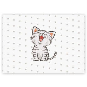 Поздравительная открытка с принтом Милейший Котик в Екатеринбурге, 100% бумага | плотность бумаги 280 г/м2, матовая, на обратной стороне линовка и место для марки
 | Тематика изображения на принте: cat | cats | cute | kitten | kitty | pussy | smile | звезды | кот | котенок | котик | котики | коты | котята | кошечка | кошечки | кошка | кошки | милая | милота | милый | полосатый | смеется | улыбается | улыбака | улыбка