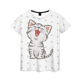 Женская футболка 3D с принтом Милейший Котик в Екатеринбурге, 100% полиэфир ( синтетическое хлопкоподобное полотно) | прямой крой, круглый вырез горловины, длина до линии бедер | cat | cats | cute | kitten | kitty | pussy | smile | звезды | кот | котенок | котик | котики | коты | котята | кошечка | кошечки | кошка | кошки | милая | милота | милый | полосатый | смеется | улыбается | улыбака | улыбка
