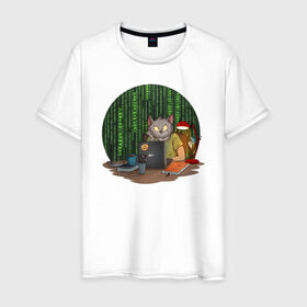 Мужская футболка хлопок с принтом IT - кот в Екатеринбурге, 100% хлопок | прямой крой, круглый вырез горловины, длина до линии бедер, слегка спущенное плечо. | birdborn | it | компьютер | кот | подарок | программист | профессия