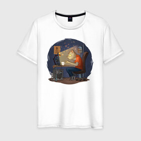 Мужская футболка хлопок с принтом IT - кот в Екатеринбурге, 100% хлопок | прямой крой, круглый вырез горловины, длина до линии бедер, слегка спущенное плечо. | birdborn | it | админ | подарок | программист | профессия | работа