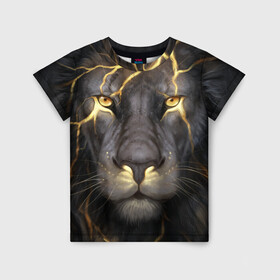 Детская футболка 3D с принтом Лев с молнией в Екатеринбурге, 100% гипоаллергенный полиэфир | прямой крой, круглый вырез горловины, длина до линии бедер, чуть спущенное плечо, ткань немного тянется | глаза | гроза | зверь | король | кот | кошка | прайд | царь | шрам