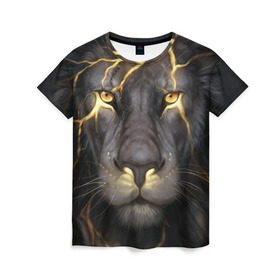 Женская футболка 3D с принтом Лев с молнией в Екатеринбурге, 100% полиэфир ( синтетическое хлопкоподобное полотно) | прямой крой, круглый вырез горловины, длина до линии бедер | глаза | гроза | зверь | король | кот | кошка | прайд | царь | шрам