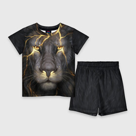 Детский костюм с шортами 3D с принтом Лев с молнией в Екатеринбурге,  |  | глаза | гроза | зверь | король | кот | кошка | прайд | царь | шрам