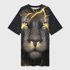 Платье-футболка 3D с принтом Лев с молнией в Екатеринбурге,  |  | глаза | гроза | зверь | король | кот | кошка | прайд | царь | шрам
