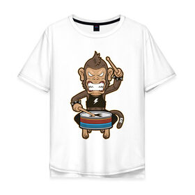 Мужская футболка хлопок Oversize с принтом Обезьяна и барабан в Екатеринбурге, 100% хлопок | свободный крой, круглый ворот, “спинка” длиннее передней части | Тематика изображения на принте: барабан | обезьяны | рок