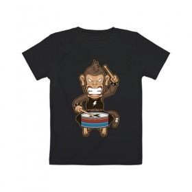Детская футболка хлопок с принтом Обезьяна и барабан в Екатеринбурге, 100% хлопок | круглый вырез горловины, полуприлегающий силуэт, длина до линии бедер | Тематика изображения на принте: барабан | обезьяны | рок