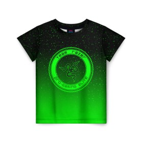 Детская футболка 3D с принтом RAZER SPACE в Екатеринбурге, 100% гипоаллергенный полиэфир | прямой крой, круглый вырез горловины, длина до линии бедер, чуть спущенное плечо, ткань немного тянется | 101 | brand | company | gamer | green | logo | mamba | naga | player | razer | rzr | snake | space | бренд | железо | зеленый | змея | компания | космос | лого | рейзер | софт