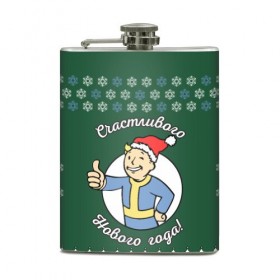 Фляга с принтом Vault boy: happy new year в Екатеринбурге, металлический корпус | емкость 0,22 л, размер 125 х 94 мм. Виниловая наклейка запечатывается полностью | 