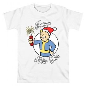 Мужская футболка хлопок с принтом Vault boy: happy new year в Екатеринбурге, 100% хлопок | прямой крой, круглый вырез горловины, длина до линии бедер, слегка спущенное плечо. | 