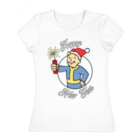 Женская футболка хлопок с принтом Vault boy: happy new year в Екатеринбурге, 100% хлопок | прямой крой, круглый вырез горловины, длина до линии бедер, слегка спущенное плечо | 