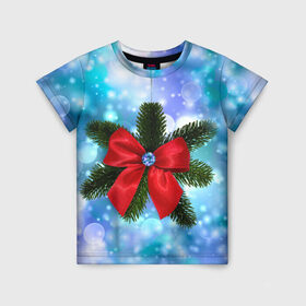 Детская футболка 3D с принтом Новогодний бантик в Екатеринбурге, 100% гипоаллергенный полиэфир | прямой крой, круглый вырез горловины, длина до линии бедер, чуть спущенное плечо, ткань немного тянется | christmas | cookie | gift | gingerbread | new | present | snow | snowflakes | three | xmas | year | год | ёлка | ель | новый | подарок | пряник | рождество | снег | снежинки | сюрприз