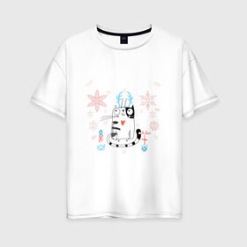 Женская футболка хлопок Oversize с принтом Котейко Счастливый Новый год в Екатеринбурге, 100% хлопок | свободный крой, круглый ворот, спущенный рукав, длина до линии бедер
 | котики | коты | кошки | новый год