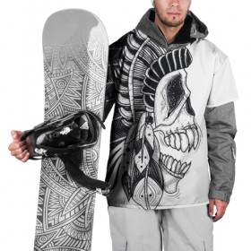 Накидка на куртку 3D с принтом Индейский демон в Екатеринбурге, 100% полиэстер |  | indian | skeleton | skull | демон | индеец | перья | скелет | череп