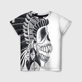 Детская футболка 3D с принтом Индейский демон в Екатеринбурге, 100% гипоаллергенный полиэфир | прямой крой, круглый вырез горловины, длина до линии бедер, чуть спущенное плечо, ткань немного тянется | indian | skeleton | skull | демон | индеец | перья | скелет | череп