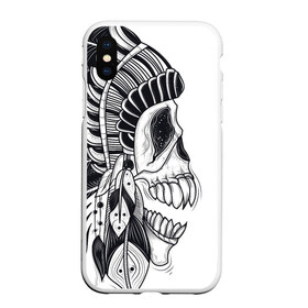 Чехол для iPhone XS Max матовый с принтом Индейский демон в Екатеринбурге, Силикон | Область печати: задняя сторона чехла, без боковых панелей | indian | skeleton | skull | демон | индеец | перья | скелет | череп
