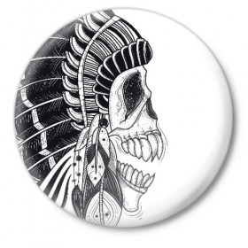 Значок с принтом Индейский демон в Екатеринбурге,  металл | круглая форма, металлическая застежка в виде булавки | Тематика изображения на принте: indian | skeleton | skull | демон | индеец | перья | скелет | череп