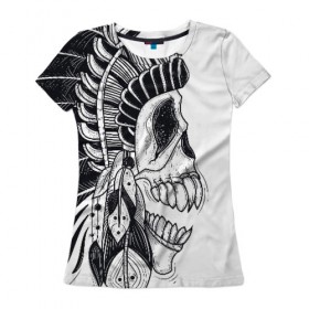 Женская футболка 3D с принтом Индейский демон в Екатеринбурге, 100% полиэфир ( синтетическое хлопкоподобное полотно) | прямой крой, круглый вырез горловины, длина до линии бедер | indian | skeleton | skull | демон | индеец | перья | скелет | череп