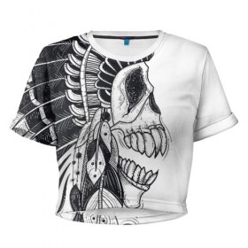 Женская футболка 3D укороченная с принтом Индейский демон в Екатеринбурге, 100% полиэстер | круглая горловина, длина футболки до линии талии, рукава с отворотами | indian | skeleton | skull | демон | индеец | перья | скелет | череп