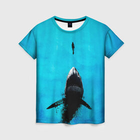 Женская футболка 3D с принтом Акула на охоте в Екатеринбурге, 100% полиэфир ( синтетическое хлопкоподобное полотно) | прямой крой, круглый вырез горловины, длина до линии бедер | акула | женщина | море | охота | рыба | хищник