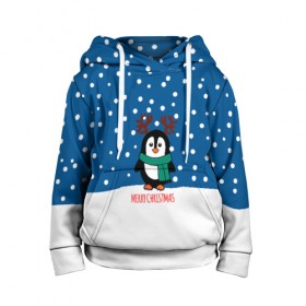 Детская толстовка 3D с принтом Праздничный пингвинчик в Екатеринбурге, 100% полиэстер | двухслойный капюшон со шнурком для регулировки, мягкие манжеты на рукавах и по низу толстовки, спереди карман-кенгуру с мягким внутренним слоем | christmas | deer | new | pinguin | snow | snowflakes | winter | xmas | year | год | зима | новый | олень | пингвин | рождество | снег | снежинки