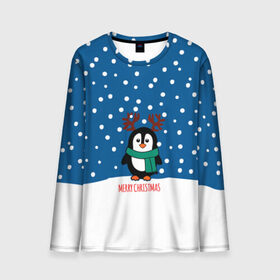 Мужской лонгслив 3D с принтом Праздничный пингвинчик в Екатеринбурге, 100% полиэстер | длинные рукава, круглый вырез горловины, полуприлегающий силуэт | christmas | deer | new | pinguin | snow | snowflakes | winter | xmas | year | год | зима | новый | олень | пингвин | рождество | снег | снежинки