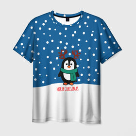 Мужская футболка 3D с принтом Праздничный пингвинчик в Екатеринбурге, 100% полиэфир | прямой крой, круглый вырез горловины, длина до линии бедер | christmas | deer | new | pinguin | snow | snowflakes | winter | xmas | year | год | зима | новый | олень | пингвин | рождество | снег | снежинки