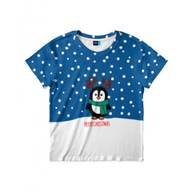 Детская футболка 3D с принтом Праздничный пингвинчик в Екатеринбурге, 100% гипоаллергенный полиэфир | прямой крой, круглый вырез горловины, длина до линии бедер, чуть спущенное плечо, ткань немного тянется | christmas | deer | new | pinguin | snow | snowflakes | winter | xmas | year | год | зима | новый | олень | пингвин | рождество | снег | снежинки
