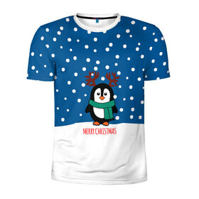 Мужская футболка 3D спортивная с принтом Праздничный пингвинчик в Екатеринбурге, 100% полиэстер с улучшенными характеристиками | приталенный силуэт, круглая горловина, широкие плечи, сужается к линии бедра | Тематика изображения на принте: christmas | deer | new | pinguin | snow | snowflakes | winter | xmas | year | год | зима | новый | олень | пингвин | рождество | снег | снежинки