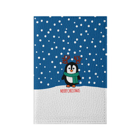 Обложка для паспорта матовая кожа с принтом Праздничный пингвинчик в Екатеринбурге, натуральная матовая кожа | размер 19,3 х 13,7 см; прозрачные пластиковые крепления | Тематика изображения на принте: christmas | deer | new | pinguin | snow | snowflakes | winter | xmas | year | год | зима | новый | олень | пингвин | рождество | снег | снежинки