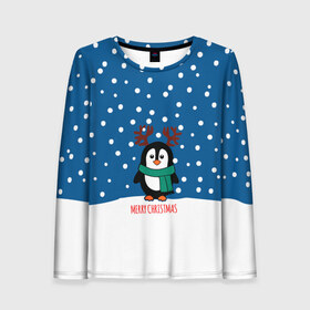 Женский лонгслив 3D с принтом Праздничный пингвинчик в Екатеринбурге, 100% полиэстер | длинные рукава, круглый вырез горловины, полуприлегающий силуэт | christmas | deer | new | pinguin | snow | snowflakes | winter | xmas | year | год | зима | новый | олень | пингвин | рождество | снег | снежинки