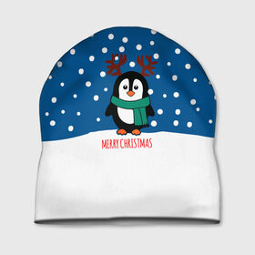 Шапка 3D с принтом Праздничный пингвинчик в Екатеринбурге, 100% полиэстер | универсальный размер, печать по всей поверхности изделия | Тематика изображения на принте: christmas | deer | new | pinguin | snow | snowflakes | winter | xmas | year | год | зима | новый | олень | пингвин | рождество | снег | снежинки