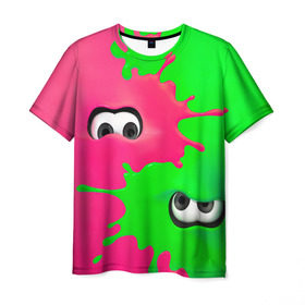 Мужская футболка 3D с принтом Splatoon в Екатеринбурге, 100% полиэфир | прямой крой, круглый вырез горловины, длина до линии бедер | брызги | глаза | зеленый | игра | краски | розовый | салатовый