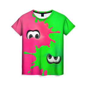 Женская футболка 3D с принтом Splatoon в Екатеринбурге, 100% полиэфир ( синтетическое хлопкоподобное полотно) | прямой крой, круглый вырез горловины, длина до линии бедер | брызги | глаза | зеленый | игра | краски | розовый | салатовый