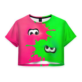 Женская футболка Cropp-top с принтом Splatoon в Екатеринбурге, 100% полиэстер | круглая горловина, длина футболки до линии талии, рукава с отворотами | брызги | глаза | зеленый | игра | краски | розовый | салатовый
