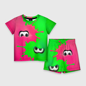 Детский костюм с шортами 3D с принтом Splatoon в Екатеринбурге,  |  | Тематика изображения на принте: брызги | глаза | зеленый | игра | краски | розовый | салатовый