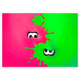 Поздравительная открытка с принтом Splatoon в Екатеринбурге, 100% бумага | плотность бумаги 280 г/м2, матовая, на обратной стороне линовка и место для марки
 | Тематика изображения на принте: брызги | глаза | зеленый | игра | краски | розовый | салатовый