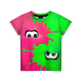 Детская футболка 3D с принтом Splatoon в Екатеринбурге, 100% гипоаллергенный полиэфир | прямой крой, круглый вырез горловины, длина до линии бедер, чуть спущенное плечо, ткань немного тянется | Тематика изображения на принте: брызги | глаза | зеленый | игра | краски | розовый | салатовый
