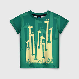 Детская футболка 3D с принтом Жирафы в Екатеринбурге, 100% гипоаллергенный полиэфир | прямой крой, круглый вырез горловины, длина до линии бедер, чуть спущенное плечо, ткань немного тянется | africa | animals | fantasy | giraffes | long | neck | silhouette | spots | stencil | surrealism | аниме | африка | ветки | длинная | животные | жирафы | зелёный | картинка | крутой | листья | лучший | пятна | растения | рисунок | силуэт