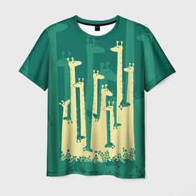 Мужская футболка 3D с принтом Жирафы в Екатеринбурге, 100% полиэфир | прямой крой, круглый вырез горловины, длина до линии бедер | africa | animals | fantasy | giraffes | long | neck | silhouette | spots | stencil | surrealism | аниме | африка | ветки | длинная | животные | жирафы | зелёный | картинка | крутой | листья | лучший | пятна | растения | рисунок | силуэт