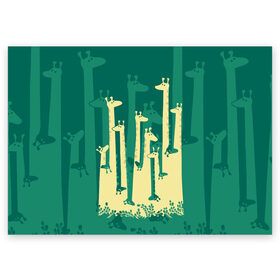 Поздравительная открытка с принтом Жирафы в Екатеринбурге, 100% бумага | плотность бумаги 280 г/м2, матовая, на обратной стороне линовка и место для марки
 | Тематика изображения на принте: africa | animals | fantasy | giraffes | long | neck | silhouette | spots | stencil | surrealism | аниме | африка | ветки | длинная | животные | жирафы | зелёный | картинка | крутой | листья | лучший | пятна | растения | рисунок | силуэт