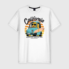 Мужская футболка хлопок Slim с принтом Калифорния в Екатеринбурге, 92% хлопок, 8% лайкра | приталенный силуэт, круглый вырез ворота, длина до линии бедра, короткий рукав | Тематика изображения на принте: california | surfing | авто | калифорния | лето | монстр | серфинг
