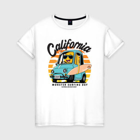Женская футболка хлопок с принтом Калифорния в Екатеринбурге, 100% хлопок | прямой крой, круглый вырез горловины, длина до линии бедер, слегка спущенное плечо | california | surfing | авто | калифорния | лето | монстр | серфинг