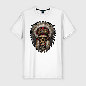 Мужская футболка хлопок Slim с принтом Индеец в Екатеринбурге, 92% хлопок, 8% лайкра | приталенный силуэт, круглый вырез ворота, длина до линии бедра, короткий рукав | индеец | индейцы | перья | хиппи | череп